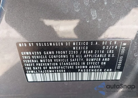 2014 Volkswagen Jetta 2.0L Tdi из США, поврежденный, VIN 3VWLL7AJ2EM419604